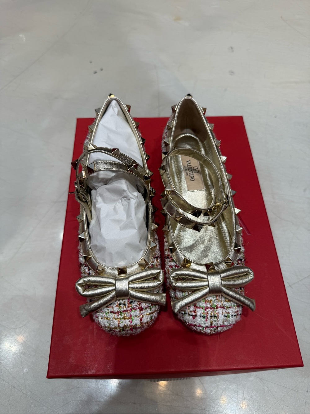 Valentino Tweed Bow Ballet Flats with Gold Stud Accents